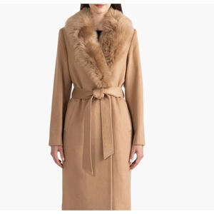 NEW, Sofia Cashmere Belted Genuine Shearling Trim Coat in Camel Sz 10 #W161
